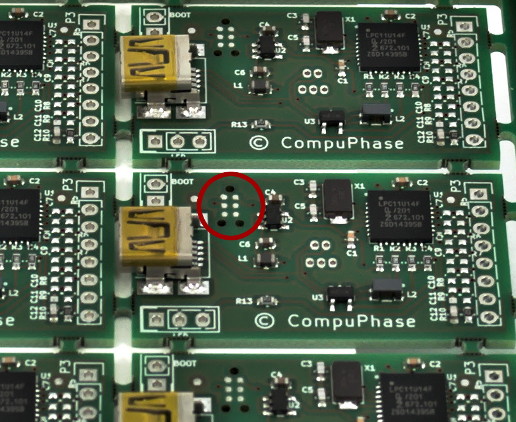 Example of the ICSP footprint for a tag-connect cable (click on the picture to zoom in)