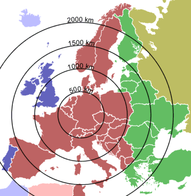 Ranges of the DCF77 signal, and time zones in Europe